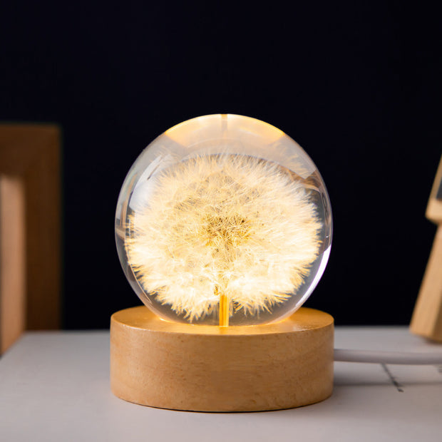 Luminous 3D Dandelion Crystal Ball Beech Wood Stand Base