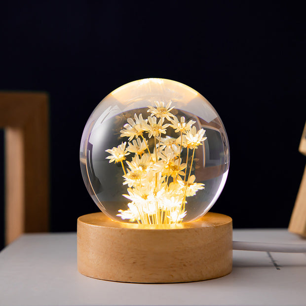 Luminous 3D Dandelion Crystal Ball Beech Wood Stand Base