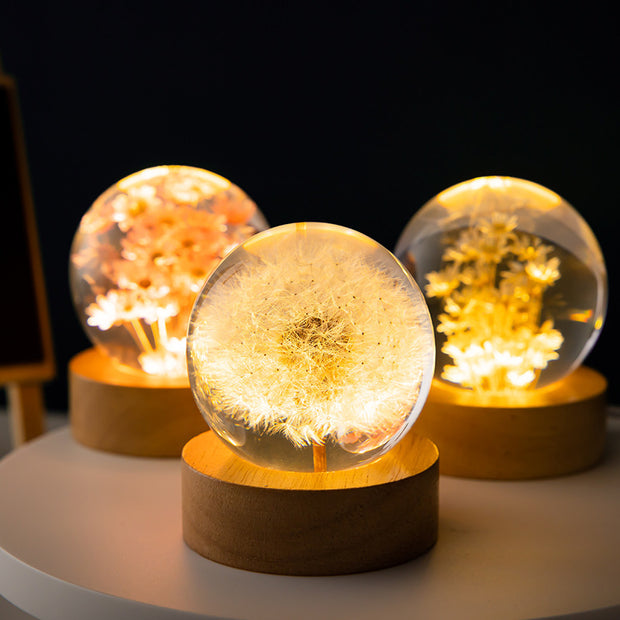 Luminous 3D Dandelion Crystal Ball Beech Wood Stand Base