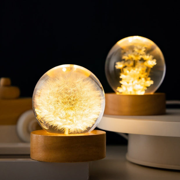 Luminous 3D Dandelion Crystal Ball Beech Wood Stand Base